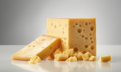 Cheese collection, piece of cheese and pieces of cheese on white background