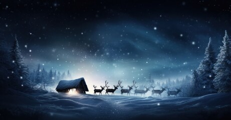 Santa Claus, expansive winter sky, gracefully guiding his sleigh pulled by six reindeer - obrazy, fototapety, plakaty