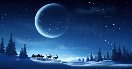 Santa Claus, expansive winter sky, gracefully guiding his sleigh pulled by six reindeer