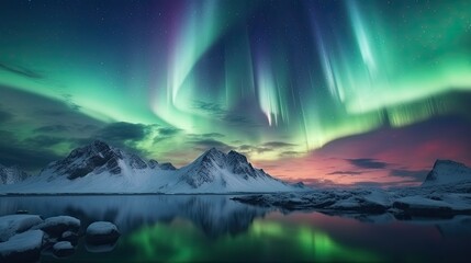 Naklejka premium Northern Lights - Aurora Boreal above big glacier at Iceland, Europe.Render creation of dramatic seascape with waves during sunset. 