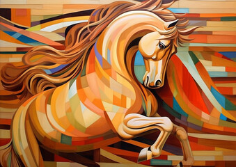 Pferde in Form moderner Kunst mit grafischen Elementen im Hintergrund - obrazy, fototapety, plakaty