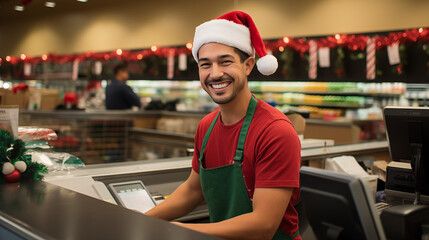 Portrait of smiling young man in santa hat at cash register in supermarket