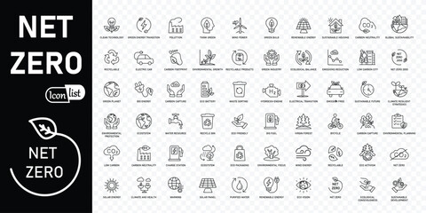 Net zero outline icon set .Green energy, CO2 neutral, gas emissions, climate, ecology, collection. Vector illustration. Editable stroke - obrazy, fototapety, plakaty