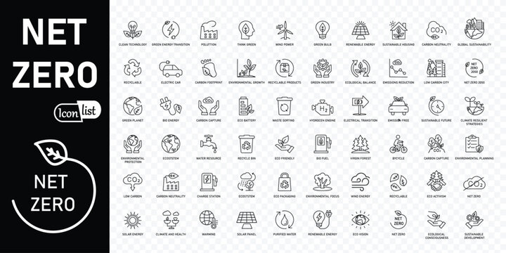 Net zero outline icon set .Green energy, CO2 neutral, gas emissions, climate, ecology, collection. Vector illustration. Editable stroke