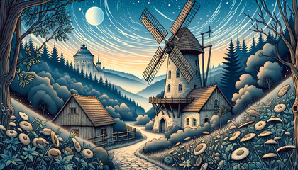 Idyllic Night Scene with Windmill and Forest Landscape Under Starry Sky