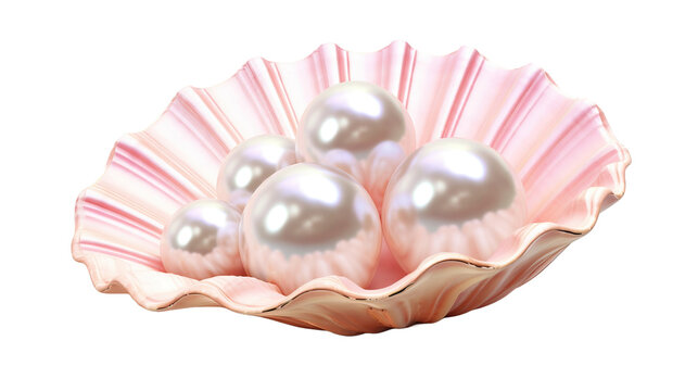 Shiny pearls in pink shell on transparent background