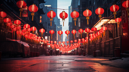 Chinese New Year lanterns in the streets of Shanghai, China.