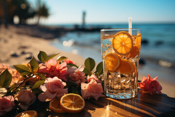 beautiful drinks with flowers on the beach background with relaxing and fun sunny days at the sea, sand, sky, beach ; summer vacation holiday theme for your design projects 