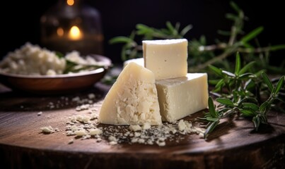 Fototapeta na wymiar Cheese collection, pieces of hard Italian cheese emmentaler with green olives and rosemary