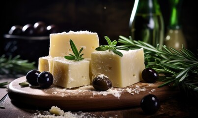 Cheese composition with olives, rosemary and olive oil.
