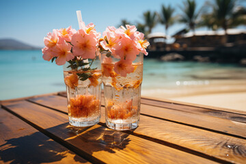beautiful drinks with flowers on the beach background with relaxing and fun sunny days at the sea, sand, sky, beach ; summer vacation holiday theme for your design projects 