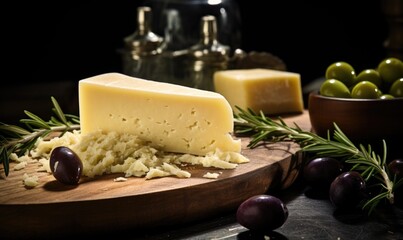 Cheese collection, pieces of hard Italian cheese emmentaler with green olives and rosemary