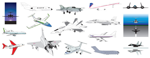 Cliparts Passenger and Fighter Aircraft Airplanes - compendium vector illustrations editable best art design for multipurpose use in high definition format