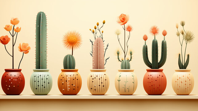 Terracotta Desert Cactus Pattern with Yellow Sunflower and Sage Green Accents: Indoor Plant Motifs in Light Coral and Desert Rose, Peach and Mint, Perfect for Boho Decor