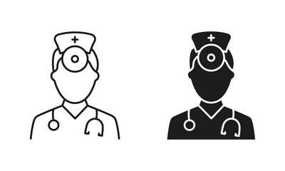Ear, Nose, Throat Doctor Symbol Collection. ENT Specialist. Otolaryngologist Doctor Line and Silhouette Black Icon Set. Otolaryngology Medic Staff Pictogram. Isolated Vector Illustration
