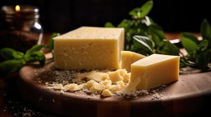 Pieces of parmesan cheese on a wooden board on a dark background