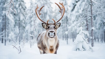 Reindeer in the snow, Santa Claus village, Finland.
