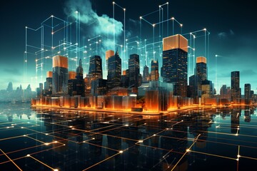 Image of blockchain-based virtual environment or city showcasing digital assets. Generative AI