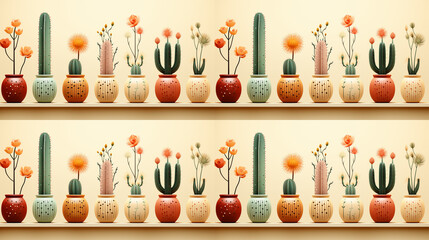 Terracotta Desert Cactus Pattern with Yellow Sunflower and Sage Green Accents: Indoor Plant Motifs in Light Coral and Desert Rose, Peach and Mint, Perfect for Boho Decor