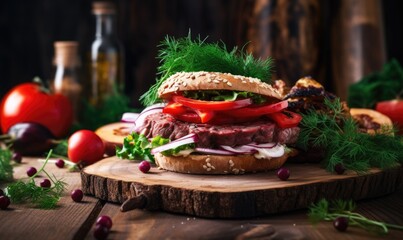Delicious hamburger with fresh vegetables and greens on wooden cutting board