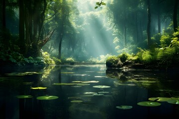 A serene reflection of a tranquil forest in a still pond.