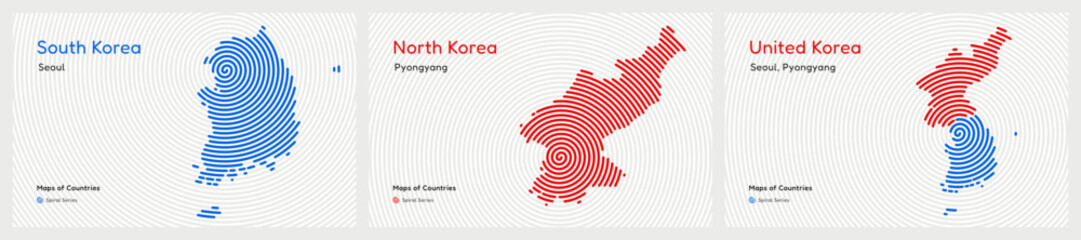 Creative maps of South and North Korea. Political map. Seoul, Pyongyang. United Korea set. World Countries vector maps. Spiral fingerprint series	