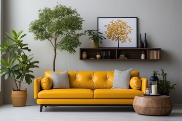 yellow sofa and white wall in modern living room professional photography