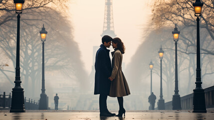 Romantic couple in Paris kissing in the misty morning. Eiffel tower in the background