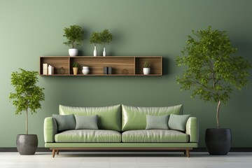 green sofa and white wall in modern living room professional photography - obrazy, fototapety, plakaty