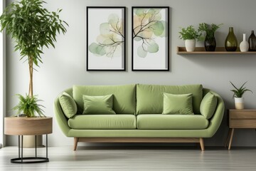green sofa and white wall in modern living room professional photography