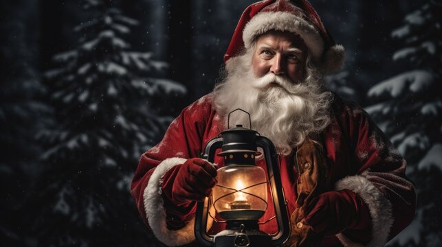 Santa Claus with lantern during cold night, Lapland, Filand.
