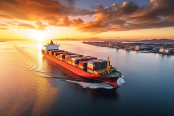 cargo container ship moves toward its destination on the sea at sunset. Responsible for the distribution of cargo imports and exports for global trade. Safe navigation supports global economic growth. - obrazy, fototapety, plakaty