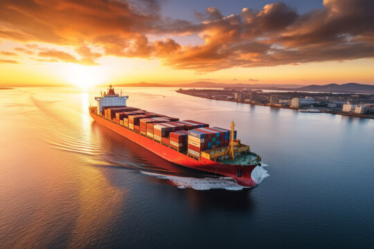 cargo container ship moves toward its destination on the sea at sunset. Responsible for the distribution of cargo imports and exports for global trade. Safe navigation supports global economic growth.