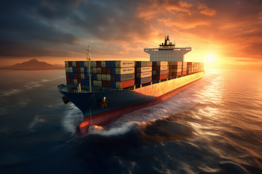 cargo container ship moves toward its destination on the sea at sunset. Responsible for the distribution of cargo imports and exports for global trade. Safe navigation supports global economic growth.
