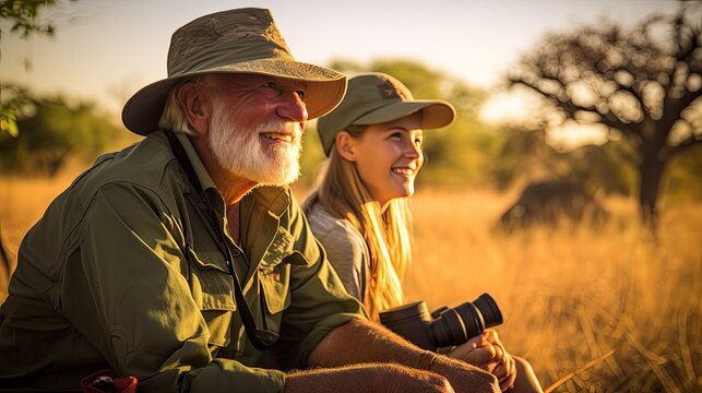 Senior man and daughter looking out through binoculars on safari, Kafue National Park, Zambia
