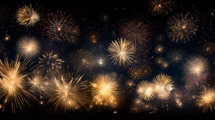 Fototapeta na wymiar HAPPY NEW YEAR 2023 - Celebration New Year's Eve, Silvester 2023 holiday background panorama greeting card - Golden firework fireworks pyrotechnics on dark night sky..