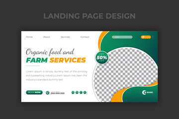Organic food farming and agricultural services landing page design template with abstract green and yellow color shapes, company profile, social media cover or web banner for business promotion