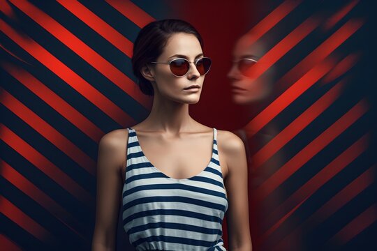 a woman in a striped dress and sunglasses