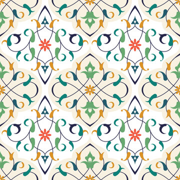 Colorful Persian Eslimi Islamic Seamless Pattern with Flower and Swirl