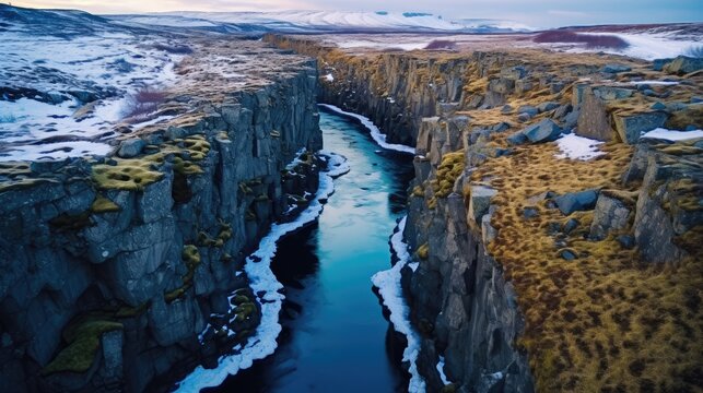 Split level view of the Silfra Crack in TBonfires are a long time tradition on Iceland's New Years Eve. Image is shot using a drone.hingvellir National Park, Iceland.
