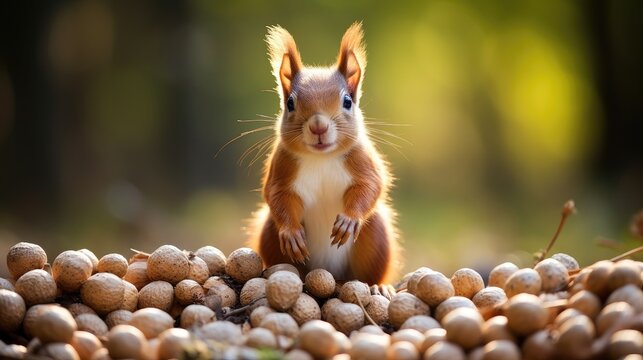 Squirrel sitting on pile of nuts
