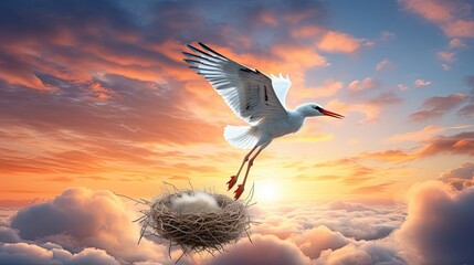 Stork carrying bundle over the clouds
 - obrazy, fototapety, plakaty