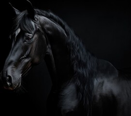 Beautiful black horse portrait in studio on black background. Studio shot.