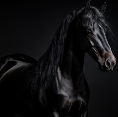 Beautiful black horse portrait in studio on black background. Studio shot.