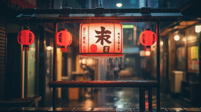 Sumibi-yakiniku Sign Lantern Hanging At Korean Restaurant In Ikebukuro On Rainy Night.
