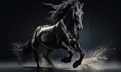 Obraz na płótnie Canvas Black stallion running in dust on dark background.