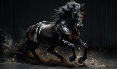 Black stallion running in dust on dark background.