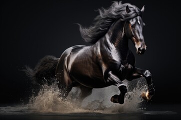 Black horse with long mane galloping in water on dark background