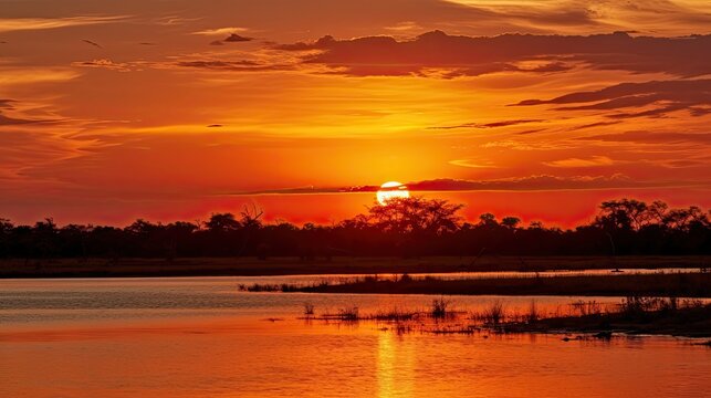 Sunset over Lake Bangweulu Game Management Area. Zambia.
