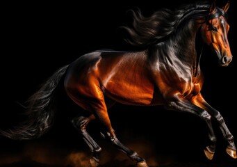Beautiful bay stallion with long mane in fire on black background